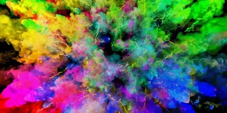 爆炸的火药孤立在黑色背景。3d动画的粒子作为彩色的背景或覆盖效果。迸发出彩虹般的色彩，粉饼呈现出明亮如胡里节。21