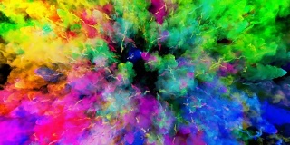 爆炸的火药孤立在黑色背景。3d动画的粒子作为彩色的背景或覆盖效果。迸发出彩虹般的色彩，粉饼呈现出明亮如胡里节。25