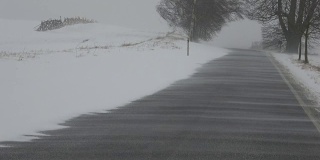 暴风雪暴风雪的冬季道路上的雪景。大风雪降临在开阔的道路上。