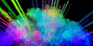 爆炸的火药孤立在黑色背景。3d动画的粒子作为彩色的背景或覆盖效果。迸发出彩虹般的色彩，粉饼呈现出明亮如胡里节。29