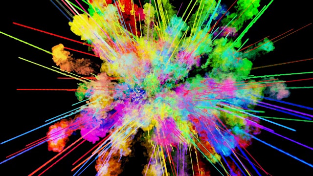 爆炸的火药孤立在黑色背景。3d动画的粒子作为彩色的背景或覆盖效果。迸发出彩虹般的色彩，粉饼呈现出明亮如胡里节。30.