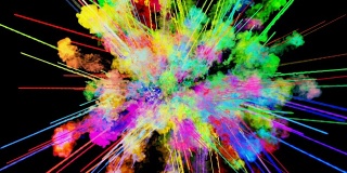 爆炸的火药孤立在黑色背景。3d动画的粒子作为彩色的背景或覆盖效果。迸发出彩虹般的色彩，粉饼呈现出明亮如胡里节。30.
