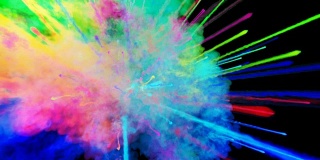 爆炸的火药孤立在黑色背景。3d动画的粒子作为彩色的背景或覆盖效果。迸发出彩虹般的色彩，粉饼呈现出明亮如胡里节。33