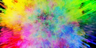 爆炸的火药孤立在黑色背景。3d动画的粒子作为彩色的背景或覆盖效果。迸发出彩虹般的色彩，粉饼呈现出明亮如胡里节。34