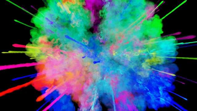 爆炸的火药孤立在黑色背景。3d动画的粒子作为彩色的背景或覆盖效果。迸发出彩虹般的色彩，粉饼呈现出明亮如胡里节。35