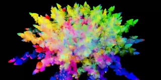 爆炸的火药孤立在黑色背景。3d动画的粒子作为彩色的背景或覆盖效果。迸发出彩虹般的色彩，粉饼呈现出明亮如胡里节。36