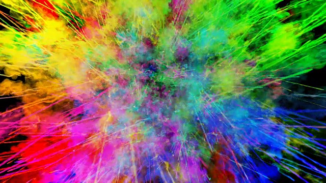 爆炸的火药孤立在黑色背景。3d动画的粒子作为彩色的背景或覆盖效果。迸发出彩虹般的色彩，粉饼呈现出明亮如胡里节。38