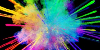 爆炸的火药孤立在黑色背景。3d动画的粒子作为彩色的背景或覆盖效果。迸发出彩虹般的色彩，粉饼呈现出明亮如胡里节。39