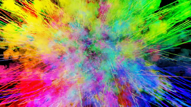 爆炸的火药孤立在黑色背景。3d动画的粒子作为彩色的背景或覆盖效果。迸发出彩虹般的色彩，粉饼呈现出明亮如胡里节。40