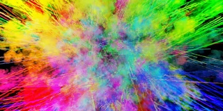 爆炸的火药孤立在黑色背景。3d动画的粒子作为彩色的背景或覆盖效果。迸发出彩虹般的色彩，粉饼呈现出明亮如胡里节。40