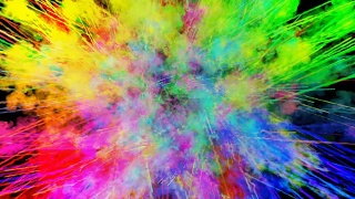 爆炸的火药孤立在黑色背景。3d动画的粒子作为彩色的背景或覆盖效果。迸发出彩虹般的色彩，粉饼呈现出明亮如胡里节。40视频素材模板下载