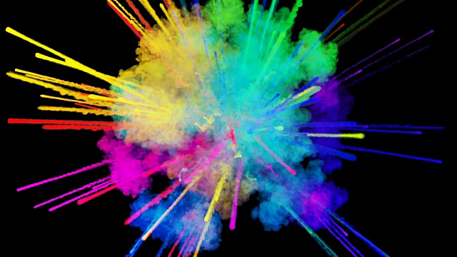 爆炸的火药孤立在黑色背景。3d动画的粒子作为彩色的背景或覆盖效果。迸发出彩虹般的色彩，粉饼呈现出明亮如胡里节。45