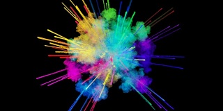 爆炸的火药孤立在黑色背景。3d动画的粒子作为彩色的背景或覆盖效果。迸发出彩虹般的色彩，粉饼呈现出明亮如胡里节。47