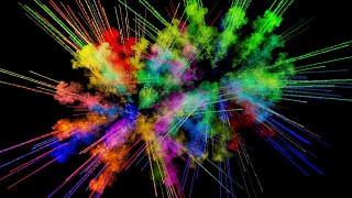 爆炸的火药孤立在黑色背景。3d动画的粒子作为彩色的背景或覆盖效果。迸发出彩虹般的色彩，粉饼呈现出明亮如胡里节。48视频素材模板下载