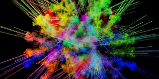 爆炸的火药孤立在黑色背景。3d动画的粒子作为彩色的背景或覆盖效果。迸发出彩虹般的色彩，粉饼呈现出明亮如胡里节。49