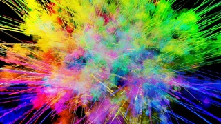 爆炸的火药孤立在黑色背景。3d动画的粒子作为彩色的背景或覆盖效果。迸发出彩虹般的色彩，粉饼呈现出明亮如胡里节。52视频素材模板下载