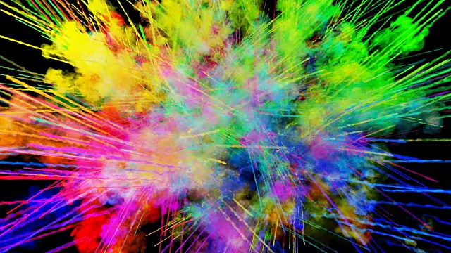 爆炸的火药孤立在黑色背景。3d动画的粒子作为彩色的背景或覆盖效果。迸发出彩虹般的色彩，粉饼呈现出明亮如胡里节。53