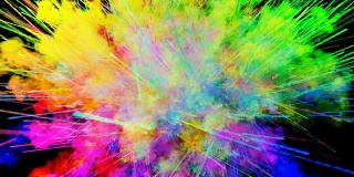 爆炸的火药孤立在黑色背景。3d动画的粒子作为彩色的背景或覆盖效果。迸发出彩虹般的色彩，粉饼呈现出明亮如胡里节。55