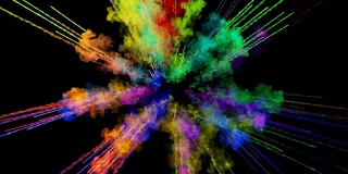 爆炸的火药孤立在黑色背景。3d动画的粒子作为彩色的背景或覆盖效果。迸发出彩虹般的色彩，粉饼呈现出明亮如胡里节。57