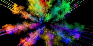 爆炸的火药孤立在黑色背景。3d动画的粒子作为彩色的背景或覆盖效果。迸发出彩虹般的色彩，粉饼呈现出明亮如胡里节。58