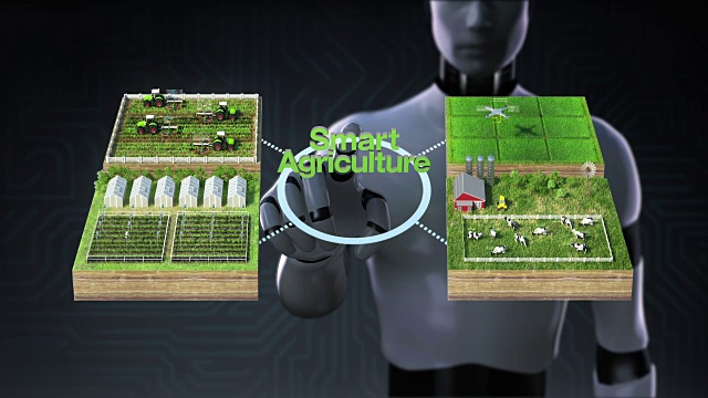 机器人，半机械人触摸“智能农业”技术，智能农场，传感器连接乙烯房，温室。连接物联网。4工业Revolution.2