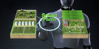机器人、半机械人触摸“智能农场”技术、智能农场、传感器连接乙烯基房屋、温室。连接物联网。4工业Revolution.2