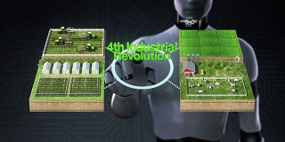 机器人、半机械人触摸“第四次工业革命”技术、智能农场、传感器连接乙烯基房屋、温室。连接物联网。