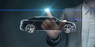 商人接触电子，离子电池混合动力汽车。充电汽车电池。电池电量检查，未来汽车。
