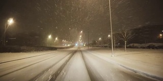 在冬天的城市里，在下雪的路上开车