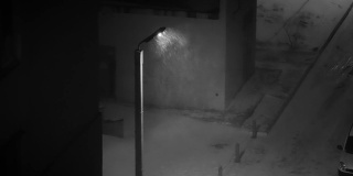 抽象的一个孤独的灯柱在一个住宅区在一个严重的冬季暴风雪在黑色和白色。
