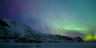 北极光(北极光)在挪威北部冬季罗浮敦群岛上空的夜空中的时间推移剪辑。