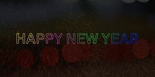 运动图形闪烁文字“新年快乐”的烟花背景，新年庆祝，夜景