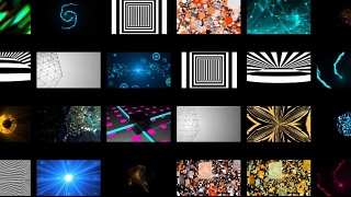 许多不同的明亮抽象壁纸在黑色空间，3d渲染视频素材模板下载