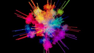 烟花般的油漆，爆炸的彩色粉末孤立在黑色背景。3d动画作为彩色的抽象背景。彩虹颜色1视频素材模板下载
