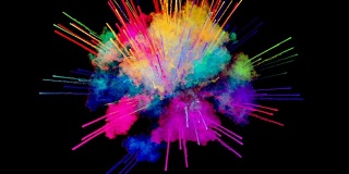 烟花般的油漆，爆炸的彩色粉末孤立在黑色背景。3d动画作为彩色的抽象背景。彩虹色3