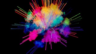 烟花般的油漆，爆炸的彩色粉末孤立在黑色背景。3d动画作为彩色的抽象背景。彩虹色3视频素材模板下载