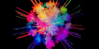 烟花般的油漆，爆炸的彩色粉末孤立在黑色背景。3d动画作为彩色的抽象背景。彩虹颜色5