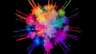 烟花般的油漆，爆炸的彩色粉末孤立在黑色背景。3d动画作为彩色的抽象背景。彩虹颜色5视频素材模板下载