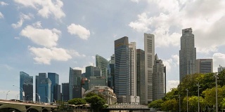 云和蓝天在市中心金融中心和新加坡河上的渡船上流逝