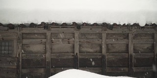 白川村的木屋屋顶上下雪了