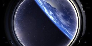 从国际空间站的窗口看到的地球。国际空间站。向前飞。地球在屏幕上方。现实的气氛。体积云。从空间。星空。空间。