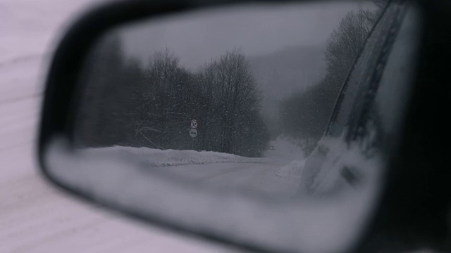 汽车后视镜里的雪路