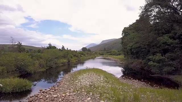 天空中，绿色山谷中的一条河