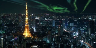 东京塔与极光的延时