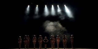 一群孩子在黑暗中在舞台上跳芭蕾舞。