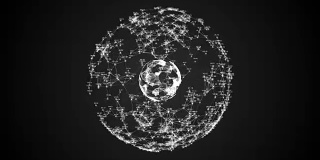 抽象的球体在黑色背景与数字点，线和数字。黑白神经丛