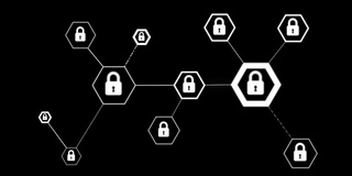 4K动画六角形带锁图标的网络安全挂锁网络技术概念在黑色背景上