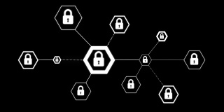 4K动画六角形带锁图标的网络安全挂锁网络技术概念在黑色背景上