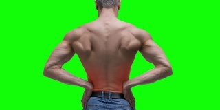 背部疼痛，肾炎，老年肌肉男背部疼痛在绿色背景，色度键4K视频