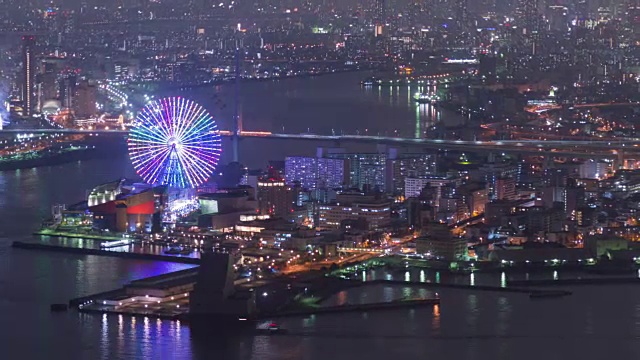 4K延时:大阪湾在美丽的夜晚与游乐园在美丽的日本，缩小